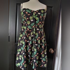 button front mini dress tropical leaves